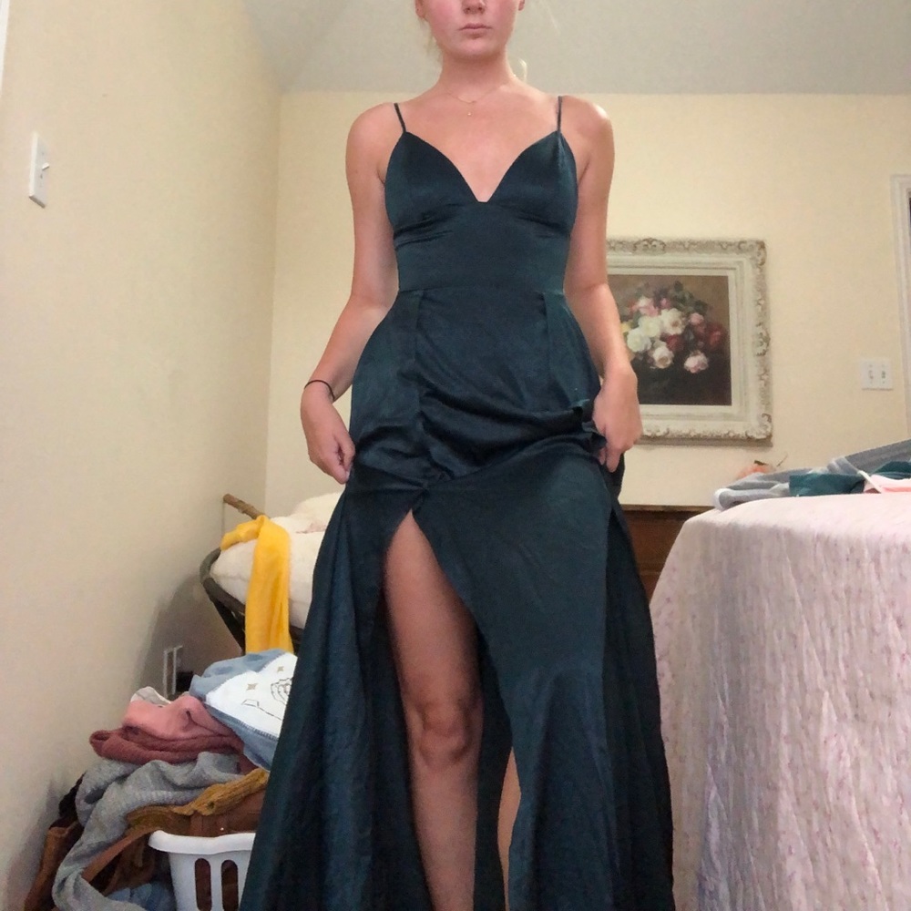 Long Formal Satin Emerald Dress with Slit
